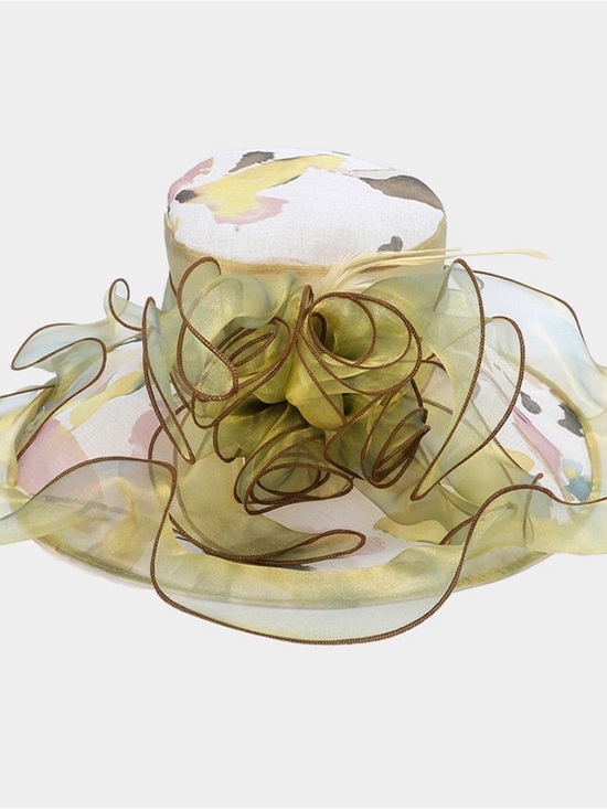 Sophia Collection Accessories - Elegant Women's Decorative Organza Hat in Yellow and Pastel Print